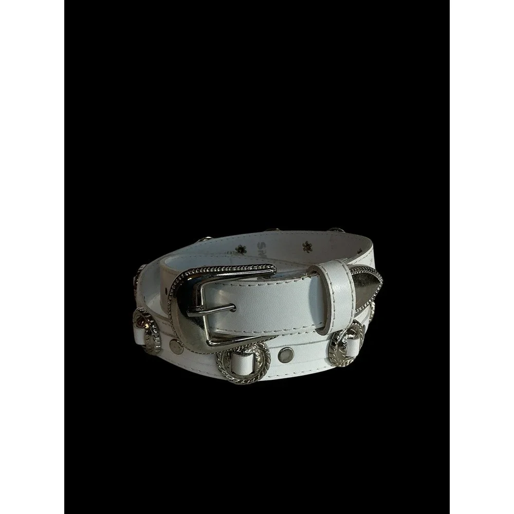 White Bonded Leather Western Belt Silver Conchs & Studs